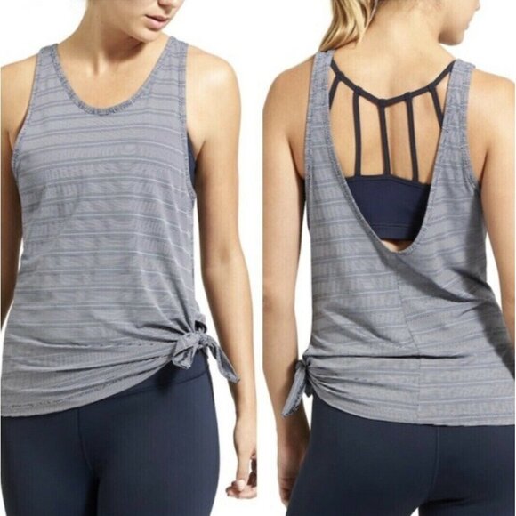 Athleta Max Out Blue Striped Tank Top Low Back Side Tie Sleeveless Tee Womens XS - Picture 2 of 12